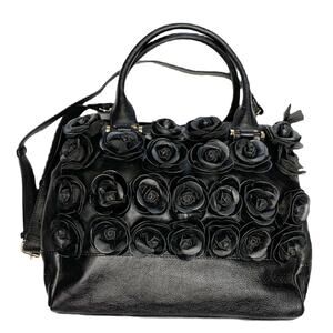 Clever Carriage Company Rose Leather Crossbody Handbag Blk Flower Gold Hardware